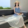 06 French Seaside Holiday Wind Gradual Change Suspender Dress Women's Summer New Long Sleeveless Wave Dress