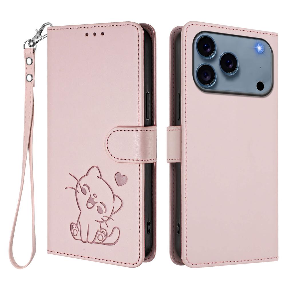 Für iPhone 17 Pro Max Brieftasche Hülle mit Handschlaufe Love Cat Muster Prägung Leder Handyhülle