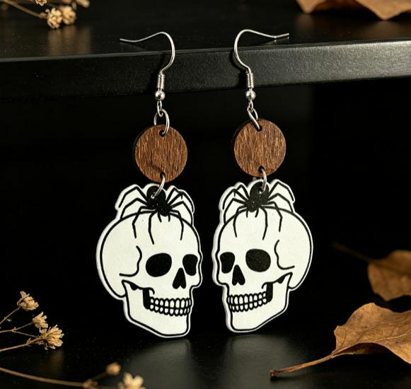 Hot Selling Retro Halloween Wooden Skull & Pumpkin Earrings