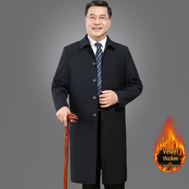 Men's Classic Car Trench Coat - Long Over-the-Knee Turn-Down Collar Outerwear for Middle-Aged and Elderly, Thickened for Spring, Autumn, and Winter.