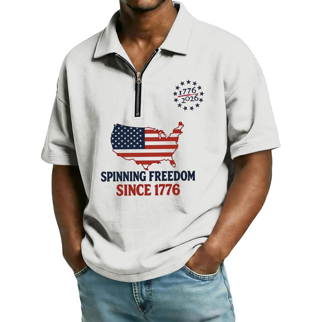 Men’s Short Sleeve Polo Shirt with USA Map and Flag Print Quarter Zip Collar Casual Loose Fit Top 1776 Design