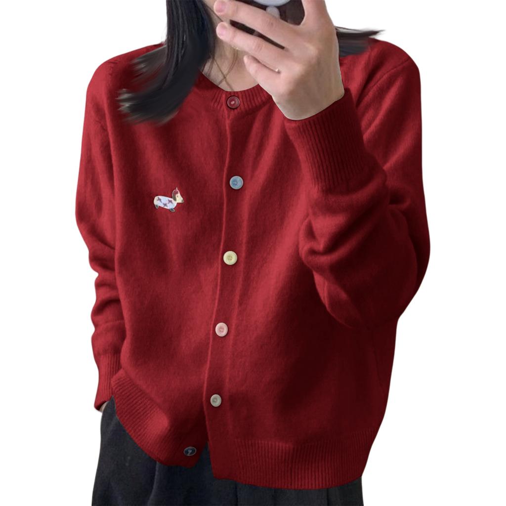Women's Colorful Buttons Unique Design Dachshund Embroidered Round Neck Versatile Cardigan Knitted