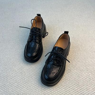 Sheepskin Version~ College Style Lace-up Thick Heel Loafers Women's Leather Versatile Platform Single Shoes Casual British Small Leather Shoes