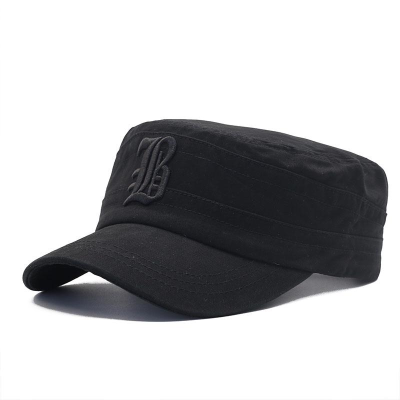 European and American men's pure cotton flat top hat, letter embroidery cap, sports outdoor visor, military hat