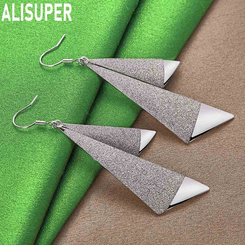 925 Sterling Silver Simple Frosted Geometric Triangle Pendant Earrings - Fashion Banquet Jewelry