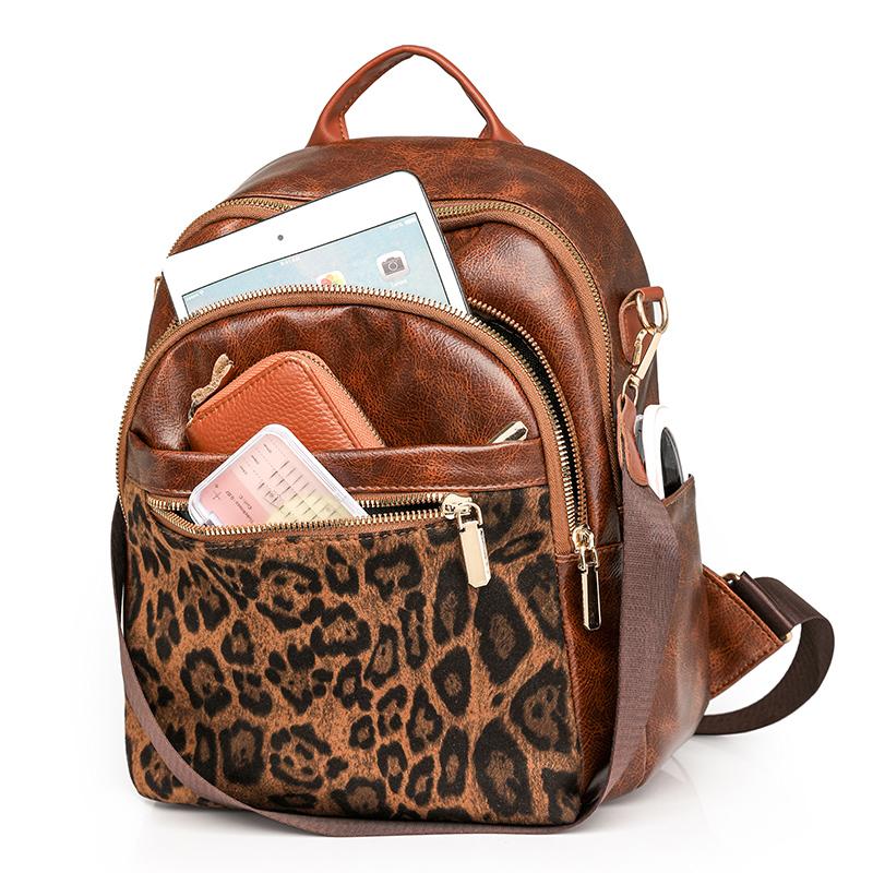Vintage Rucksack mit Leopardenmuster Weiches Leder Damen Rucksack mit großer Kapazität