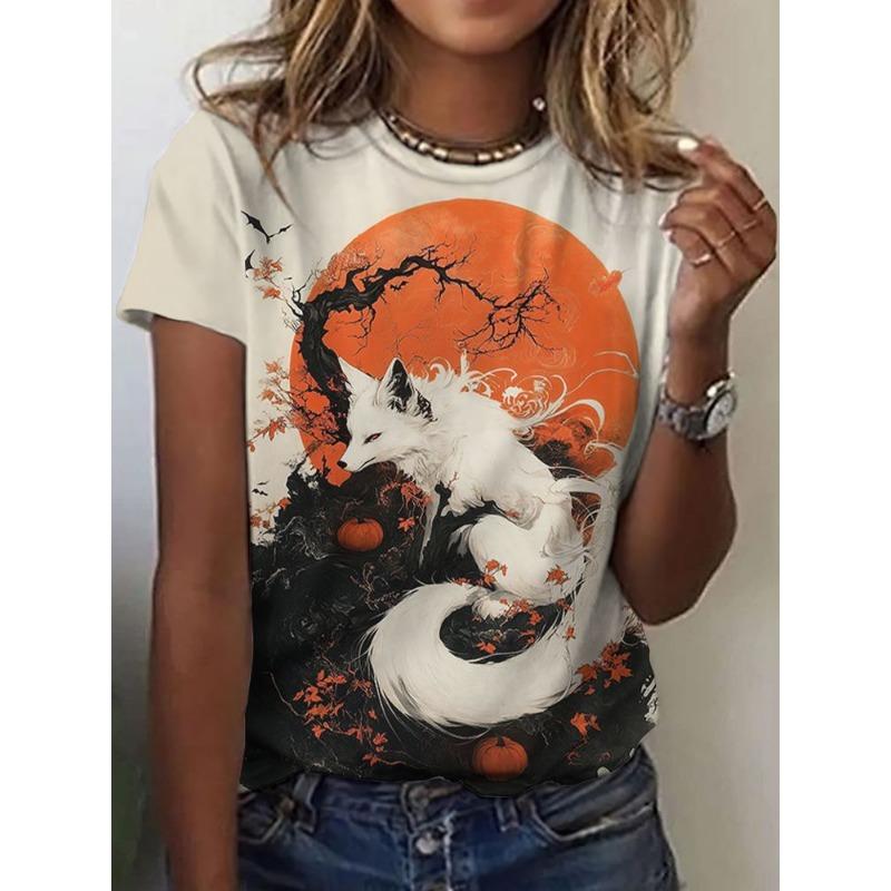 Women's Short-sleeved Round-neck T-shirt with Fox Pattern Print