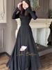 Elegant European & American Black Spring Long-Sleeve Dress, Round Neck, 2025 Style.