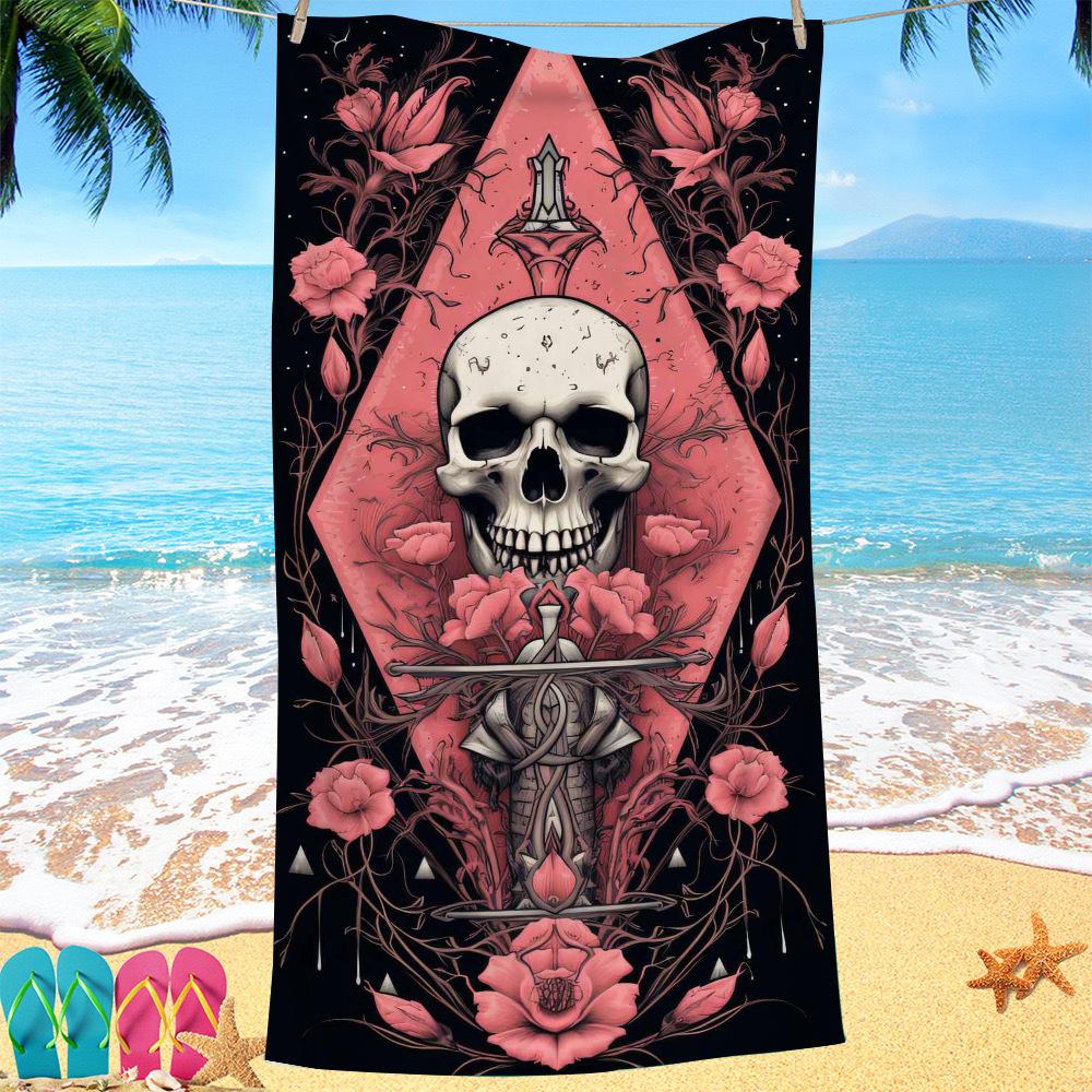 Pink Skull Collection Digital-printed Polyester Superfine Fiber Double-sided Fleece Beach Vacation Bath Towel, Beach Towel