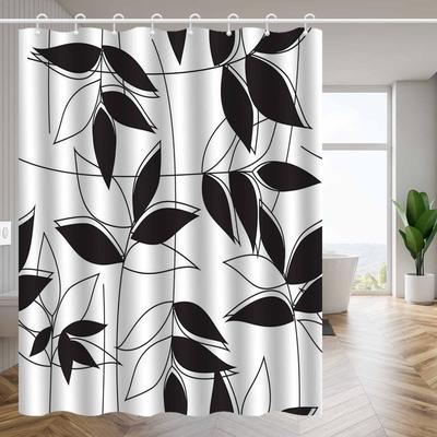 Minimalist Nordic Black and White Leaf Pattern Shower Curtain, Polyester Fabric, Machine Washable, Suitable for Bathroom Décor.