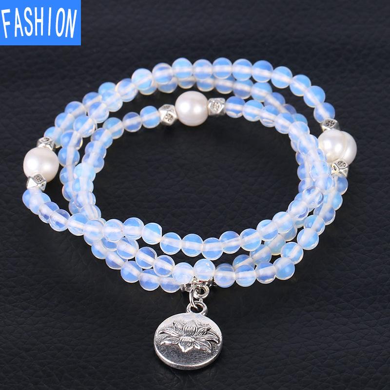 Bracelet En Turquoise 8 Mm Avec Pendentif Lotus En Argent – Pierre Naturelle, Extensible, Unisexe – Pour Méditation Et Style