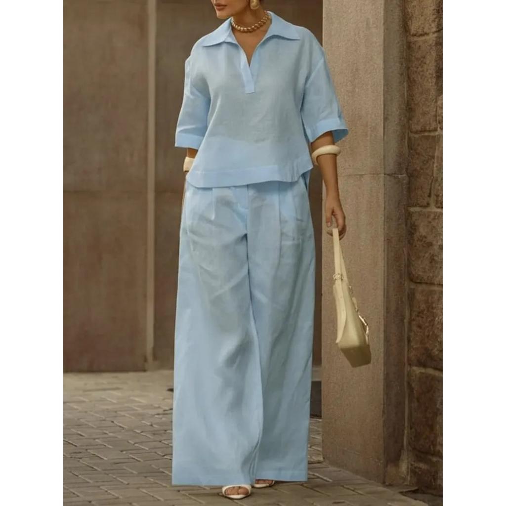 Women's Loose Two Piece Matching Suit Three Quarter Sleeve Polo Collar Blouse High Waist Wide Leg Pant Set