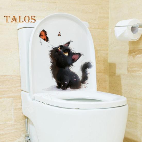 Autocolant de Toaletă Fluture Pisică Neagră PVC Impermeabil Removabil Autoadeziv Artă de Perete pentru Camera de Zi Baie Desen Animat Pisoi Decor Capac Toaletă Decal