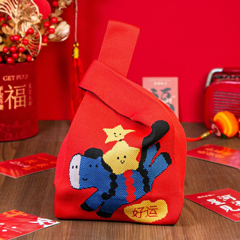Year Of The Horse Red Knot Wrist Handbag Cartoon Mascot Pony Knitted Candy Tote Bag Reusable Shopping Bag Gift Packaging Bag