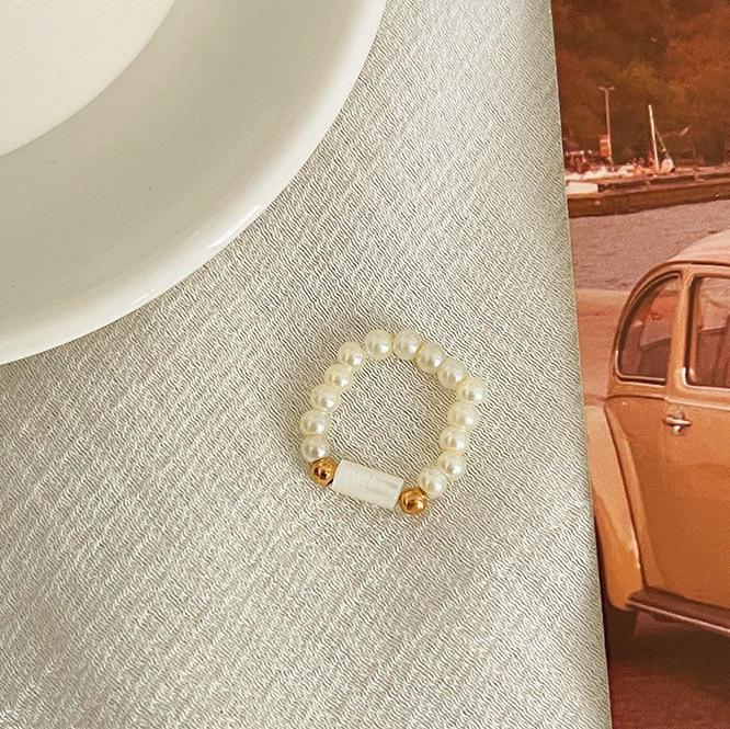 Pearl Beaded Ring Women's Elastic Rope Literary Stacking Index Finger Ring High-end Handmade Ring Jewelry