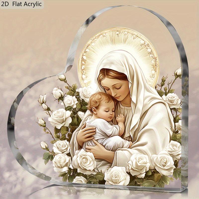 Christmas Religious Gift, Nativity Flower of The Virgin Mary Pattern Heart Acrylic Plaque Sign, Home Office Decoration, Birthday Gift, Nurseries, Hom