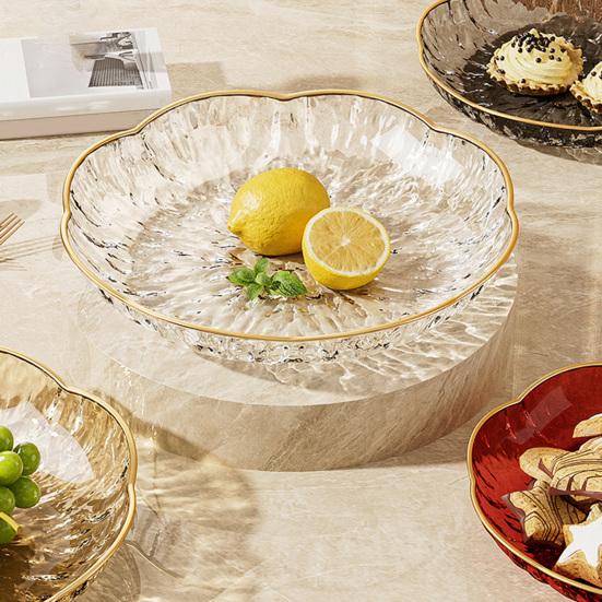 Clear Plastic Serving Bowl, Modern Fruit Bowl with Gold Rim, Multi-use Decorative Snack Bowl for Counter Home Decoration, Kitchen Dining Room Table