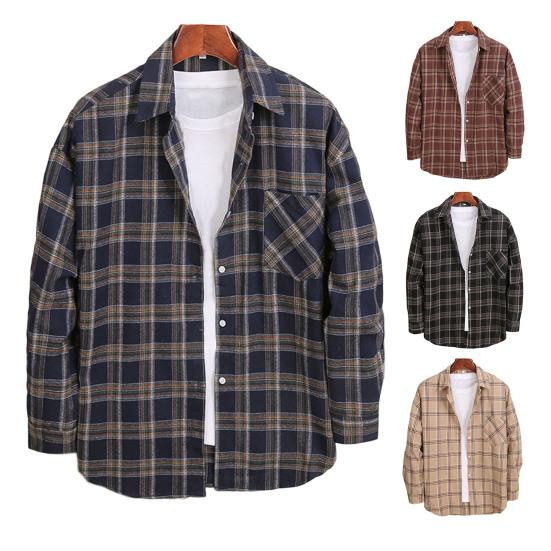 Men Autumn Shirt Plaid Print Contrast Colors Turn-down Collar Lapel Korean Style Single-breasted Loose Pocket Soft Patchwork Spring Shirt Daily Wear