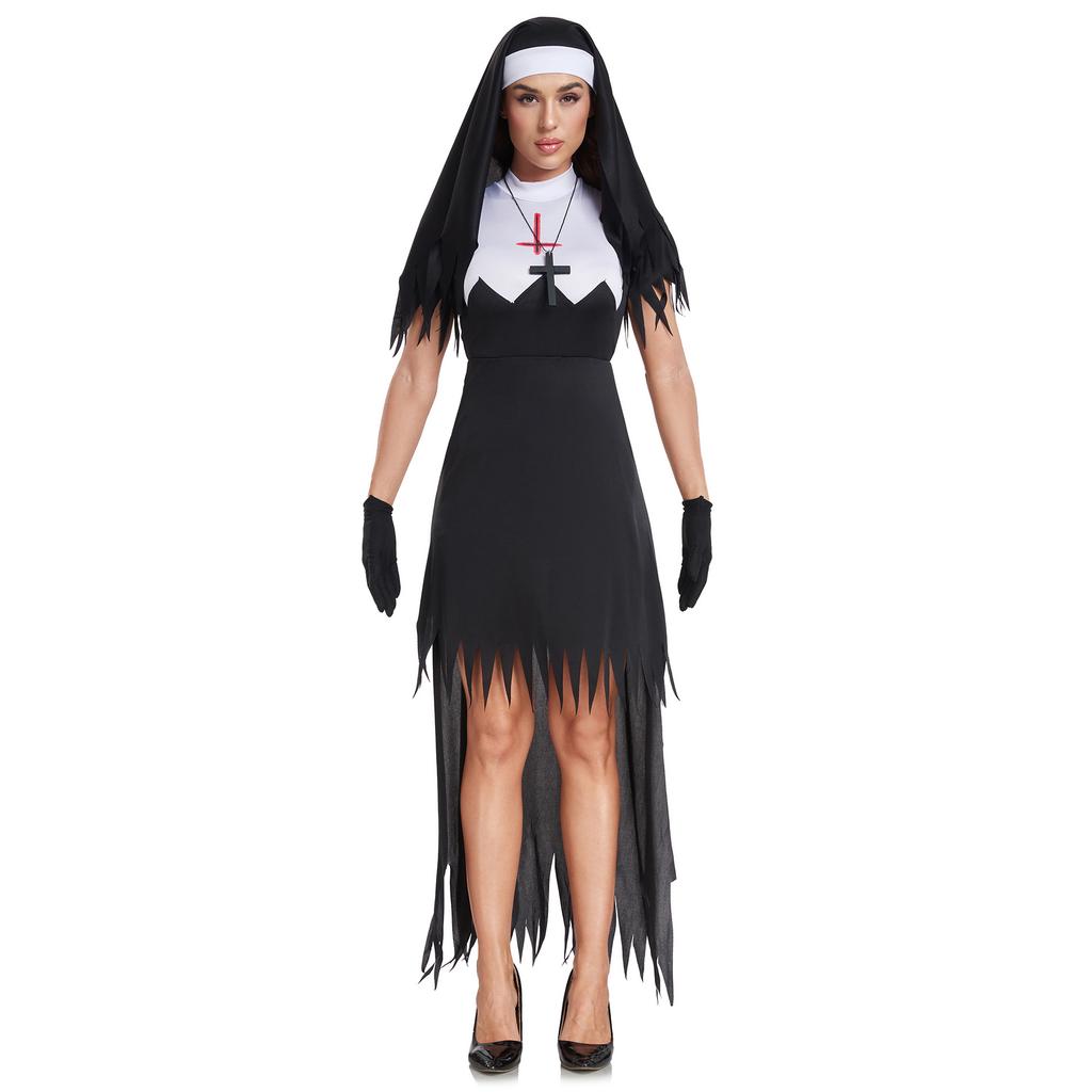 S-3XL Halloween Vampire Witch Trimmer Costume, Punk Horror, Zombie Nun Hat Dress