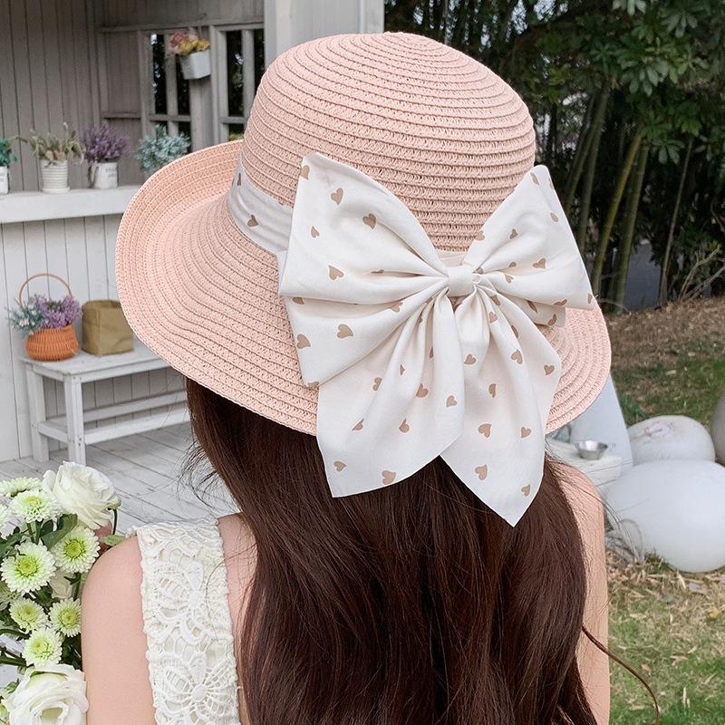Summer Bow Sun Hat Female, Seaside Beach Vacation Sun Hat Outdoor Big Brim Sun Hat Sweet Straw Hat