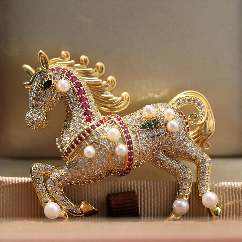 Bo Xin Yun 24K Gold Horse Zodiac Freshwater Pearl Brooch - Elegant Equestrian Wear or Birthday Gift
