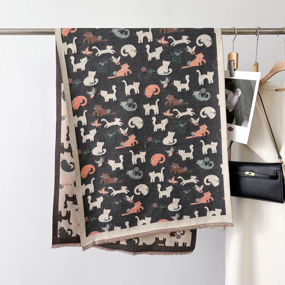 

Роскошное Теплое Пончо Кашемир Зима Женский Шарф Милый Принт Кошки Шаль Накидки Женский Толстый Пашминовый Плед Буфанда Путешествия Эшарп 66X186cm