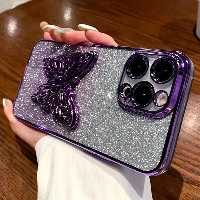 3D Butterfly Phone Holder Crystal Bracelet Glitter Plating Case for Iphone 15 14 13 12 Mini 11 Pro XS Max XR 8 7 Plus Cover