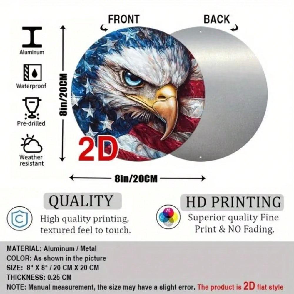 American Flag Eagle Round Tin Sign 8x8 Inch Wall Art Office Home Fall Halloween Christmas Decor Gift