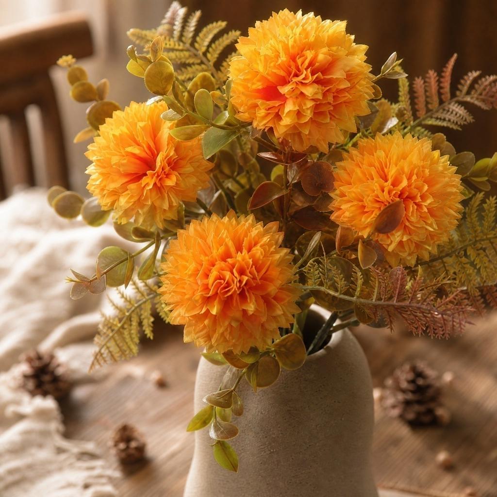 Artificial Fall Flower Arrangement with Pompon Chrysanthemums and Filler for Tabletop Vase Home Decor