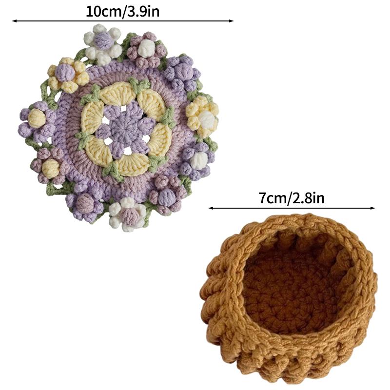Crochet Coaster Handmade Knitted Flower Bouquet Coaster Plant Pot with Flowerpot Flower Placemat Cup Pad Teacup Stand Diy Flower