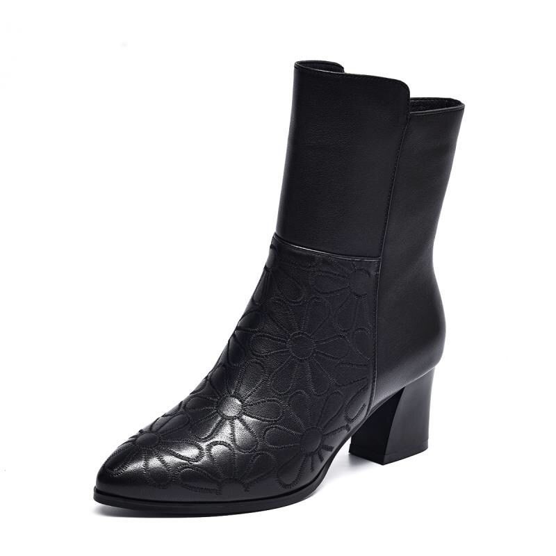 Women Ankle Boots Fashion Short Soft Leather High Heel Ladies Shoes Side Zipper for Women