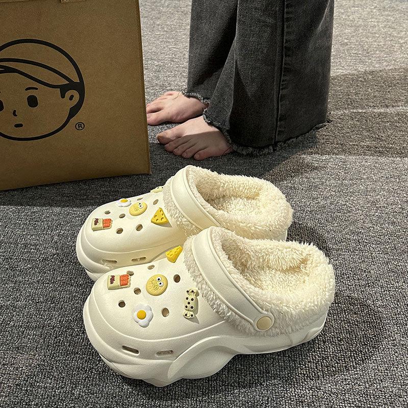 New velvet hole shoes women's winter non-slip outer wear cotton shoes heightened thick-soled home removable cotton slippers