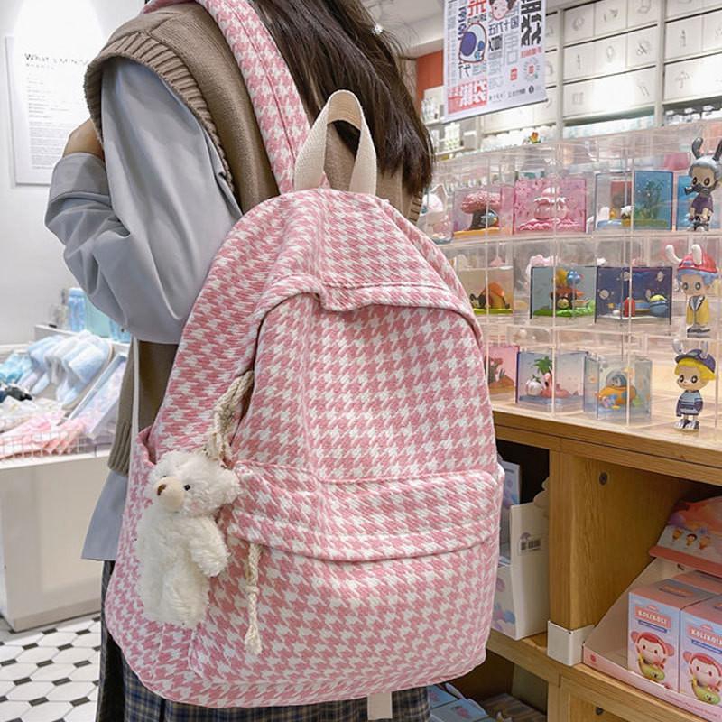 Chic Houndstooth Backpack For Women Korean Style High School College Girl Casual Trendy Bag