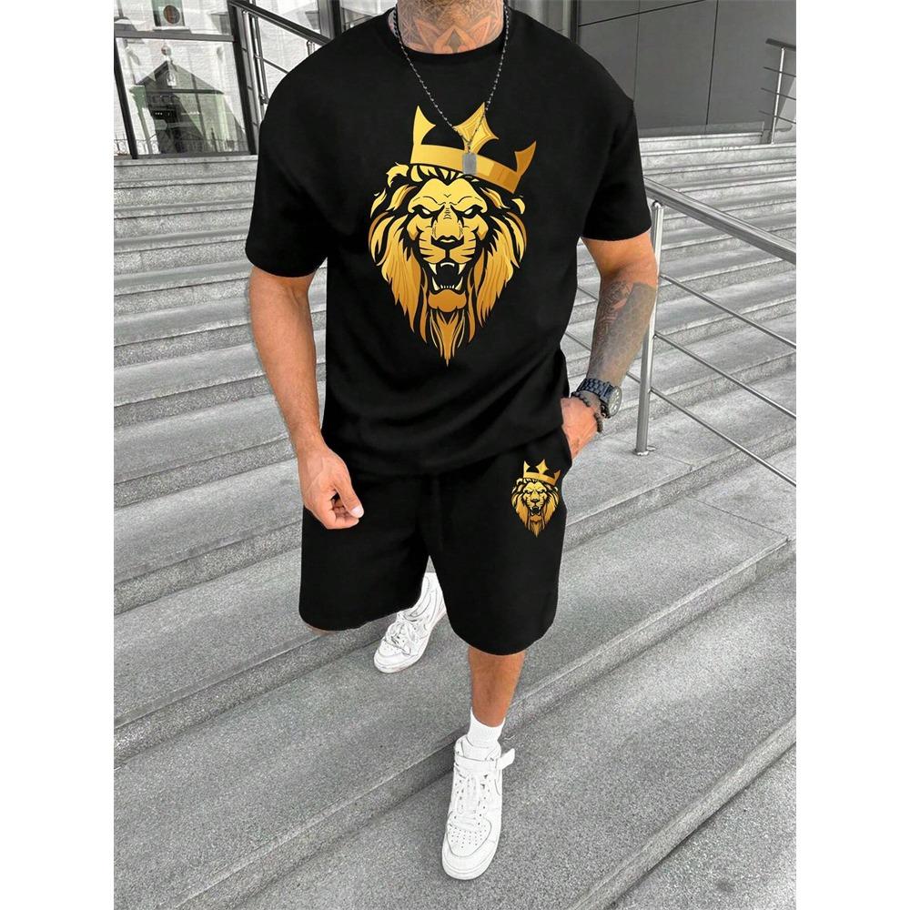 New Crew Neck Short Sleeve T-shirt Fashion Shorts Set 3D Lion Print Short Sleeve Shorts 2-piece Men's Summer Sports Set