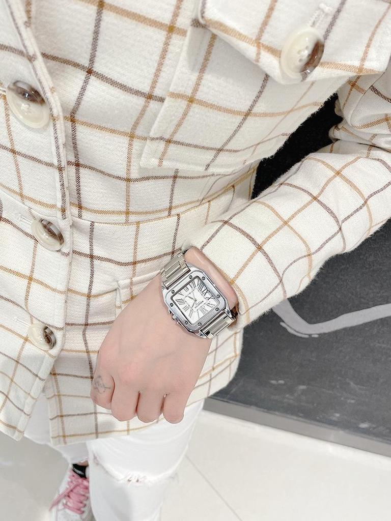 Modny zegarek Santos Square: Unisex Stalowy Pasek, Kalendarz, Wodoodporny, Kwarcowy