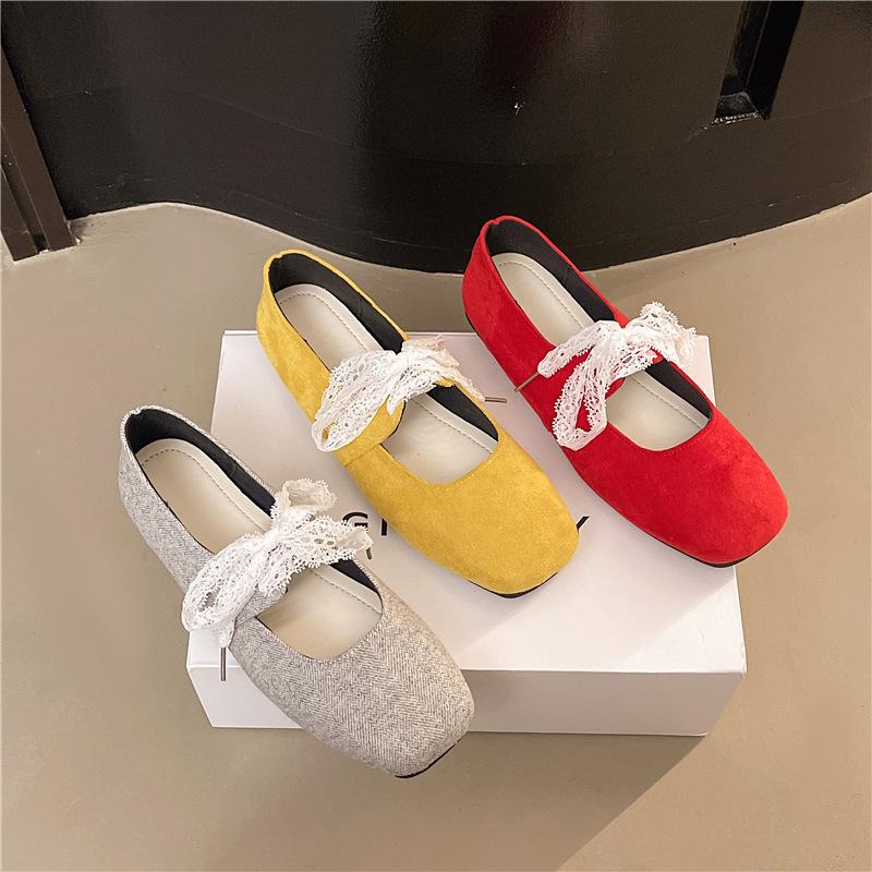 Lace Single Shoes Mary Jane Shoes Women's 2025 New Flat-bottomed Lace-up Retro Versatile Square Head Ballet Shoes Women