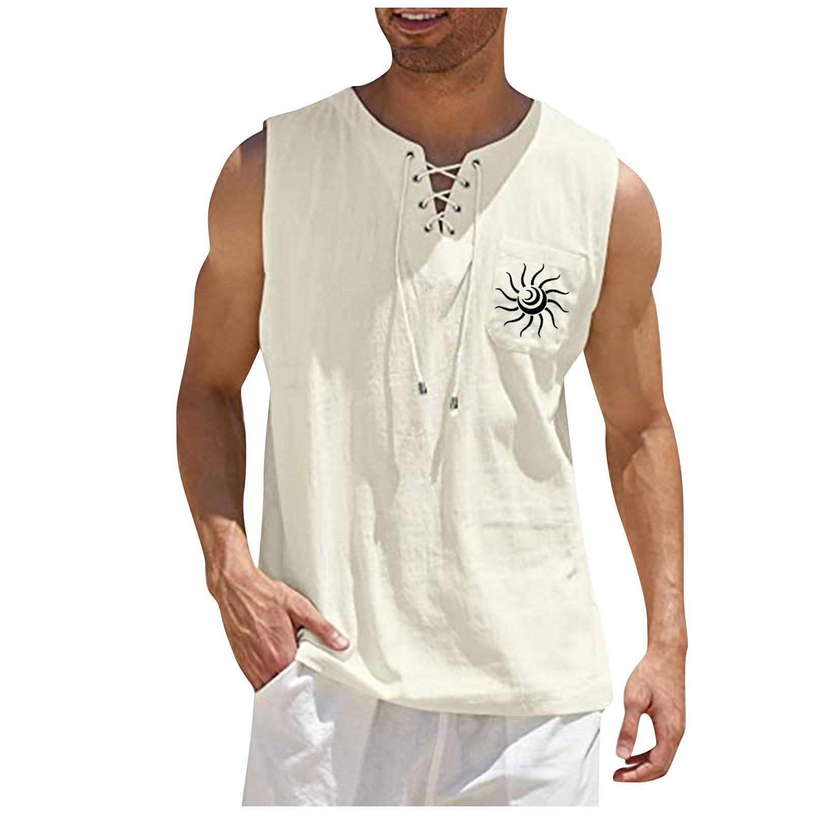 

Мужские повседневные свободные хлопковые льняные рубашки с принтом, блузка, жилет без рукавов, пляжные рубашки, топы L бежевый