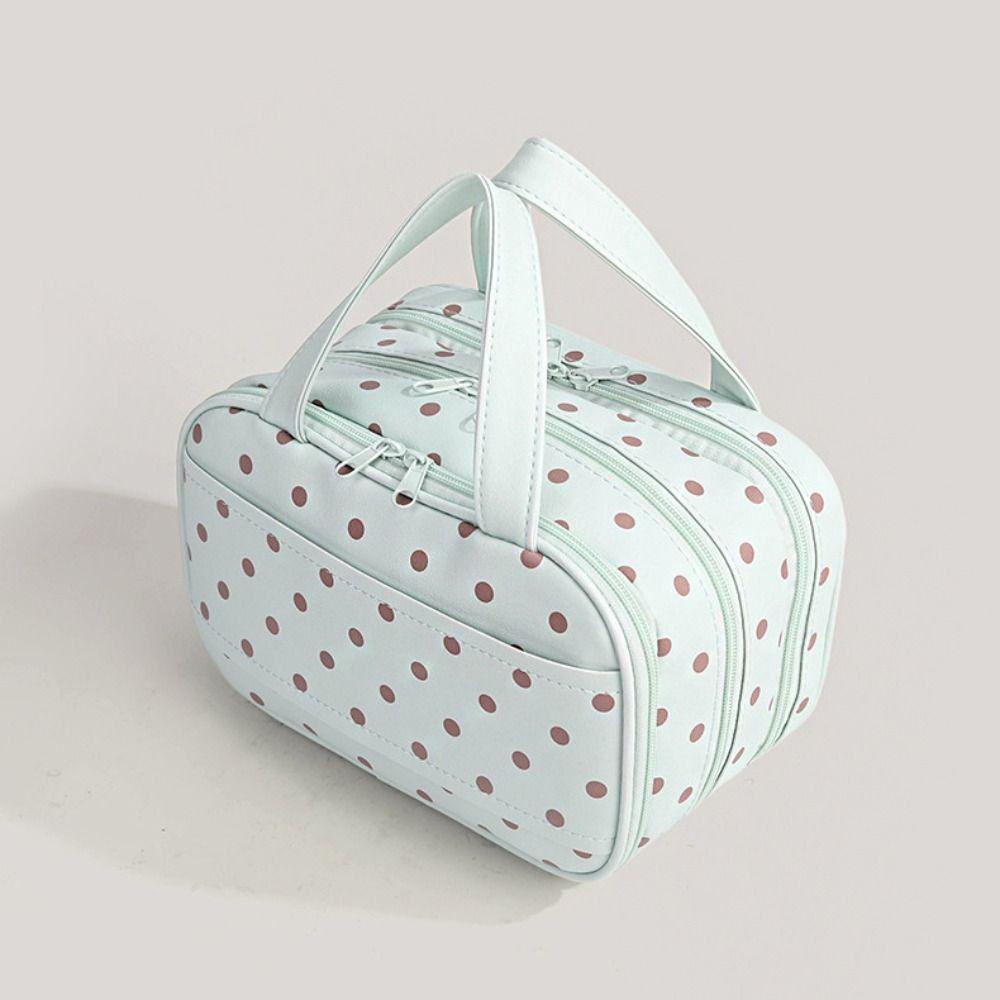 Polka Dot Handheld Makeup Bag Three Layer Partition Multifunctional Pu Cosmetic Bag Large Capacity Waterproof Toiletry Bag