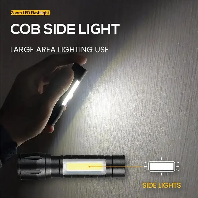 Mini LED Flashlight COB Work Light Portable Torch Rechargeable Camping Lantern Zoomable Tactical Flashlight for Camping Hiking