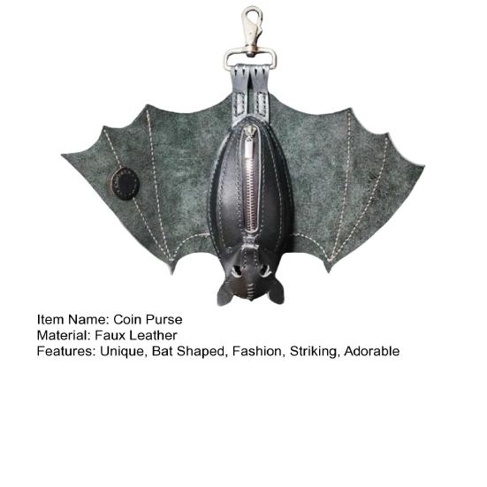 Faux Leather Bat Coin Purse Handmade Gothic Novelty Bat Coin Pouch with Wings Zippered Bat Shape Keychain Wallet for Bags Belts