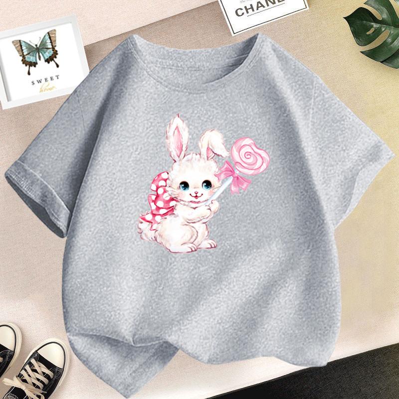 Cute Cartoon Rabbit Lollipop Print T Shirts Student Girls Kawaii Tee High Quality Cotton Summer Short Sleeve Casual Tops