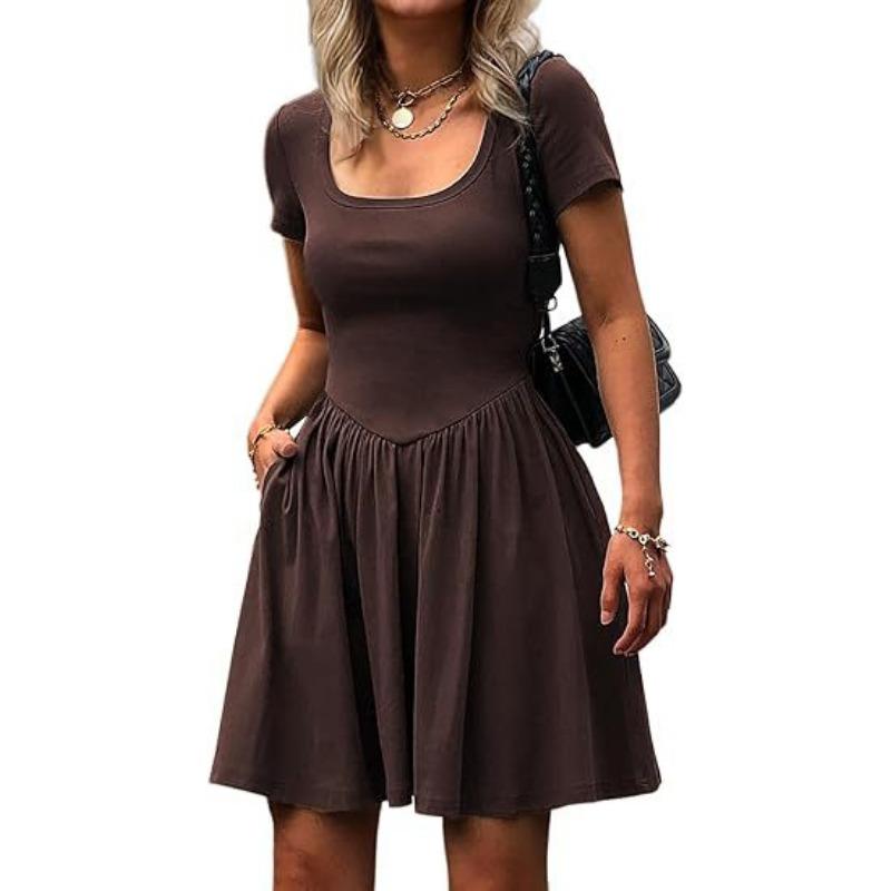 Solid Color Square Neck Short Sleeve Pleated Casual Mini Dress