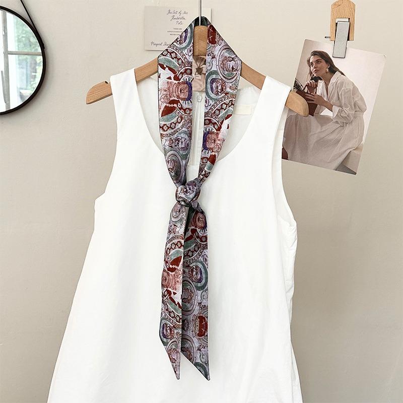 Long streamer bow tied hair retro Dunhuang oil painting silk scarf headband women tied headscarf