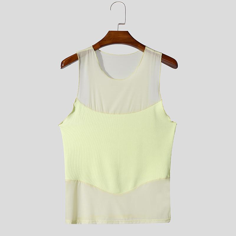 INCERUN Men Sleeveless Mesh Patchwork Sexy Club Party Slim Tank Tops