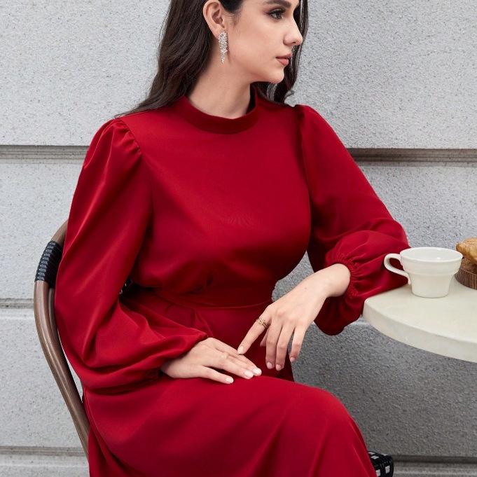 Elegantes A-Linien-Kleid mit hohem Bund, Kragen und langen Ärmeln für den frühen Herbst