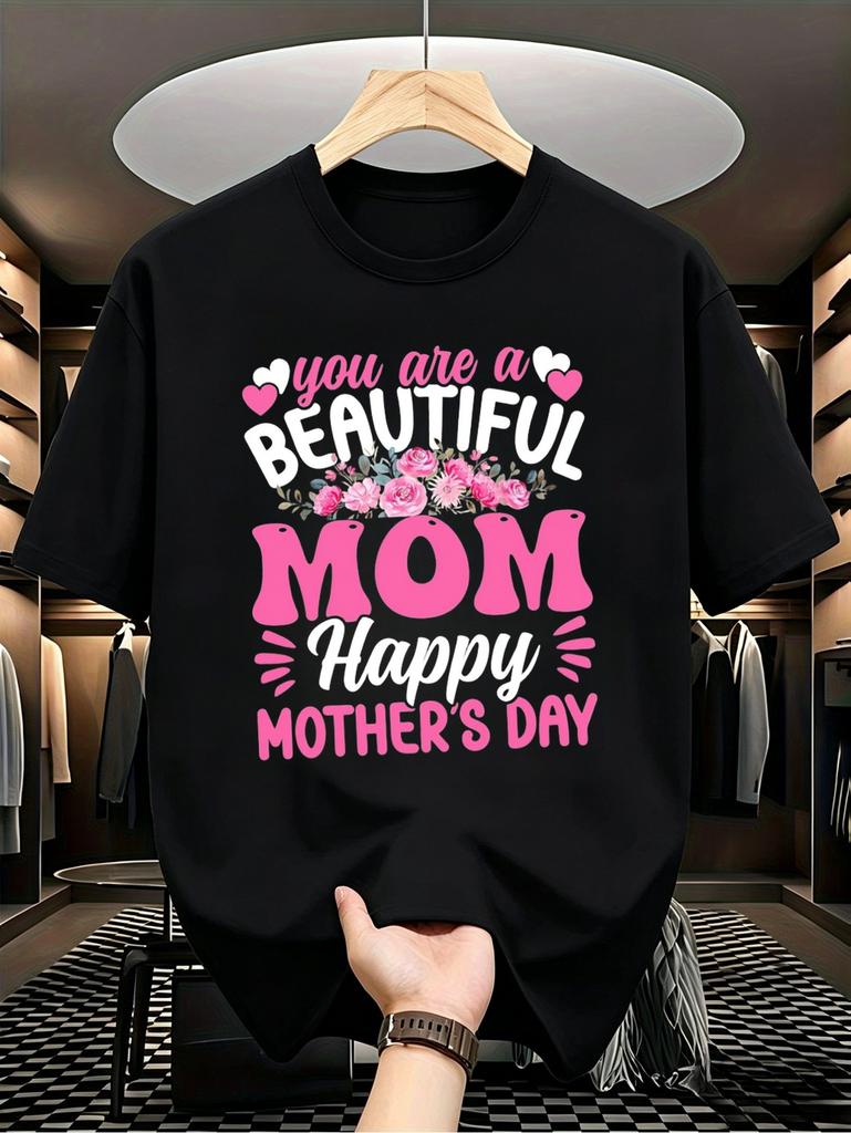 1pc Male Graphic T Shirt Beautiful Mom Happy Mothers Day Floral Print Short Sleeve Crew Neck for Teenagers, for Teenager