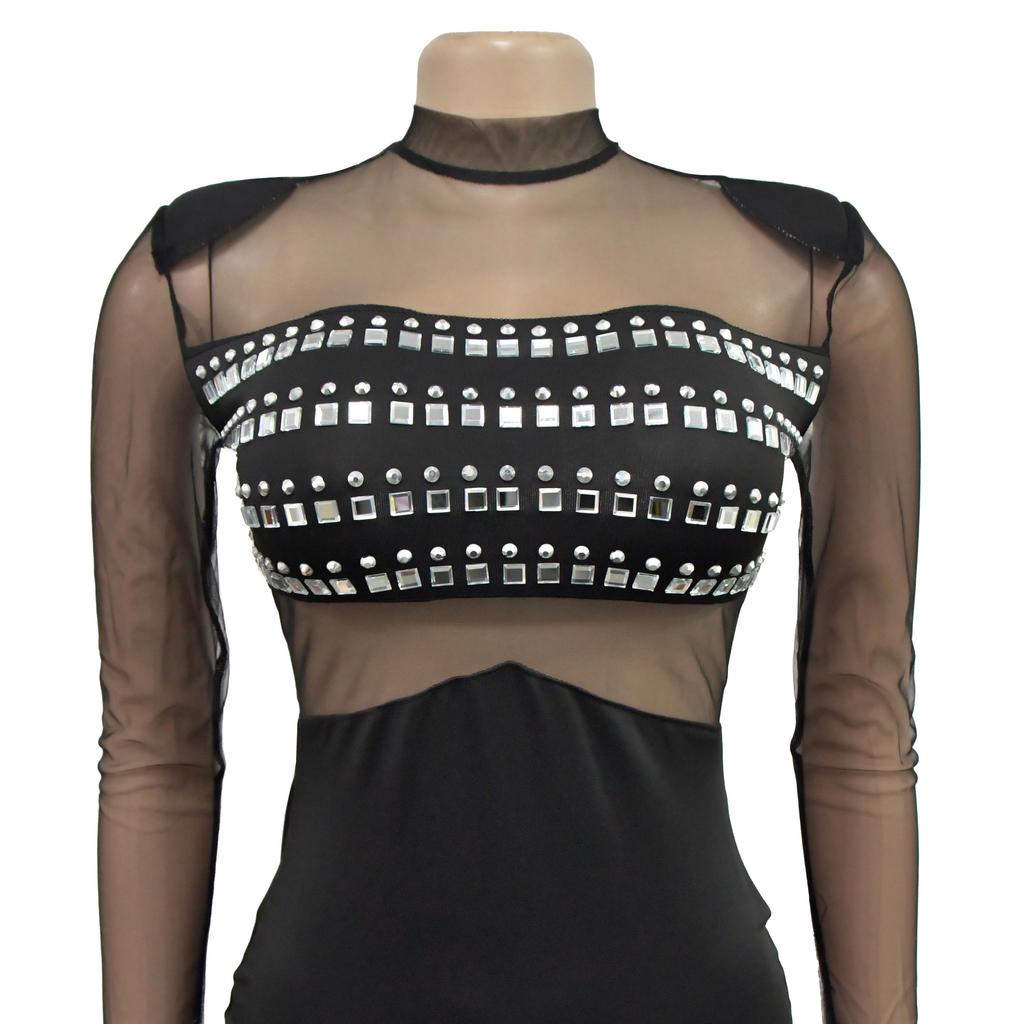 Mote Damekjole Ensfarget Mesh Drill Langermet Lange Kjoler