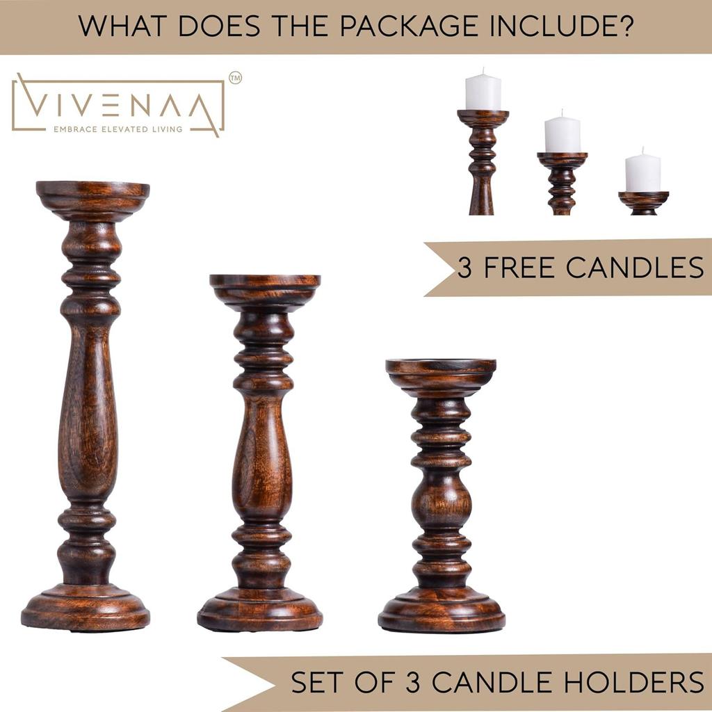 Wooden Candle Holder Stand with 3 Free Candles for Home & Table Decoration Best Handmade Gift for Christmas New