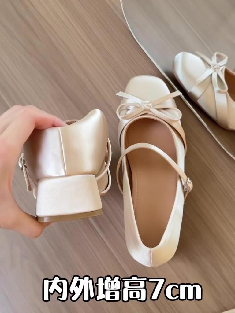 Inner Height Increase 7cm Satin Bow Mary Jane Women's Shoes High Heel 2025 New French Thick Heel Single Shoes Ballet Shoes