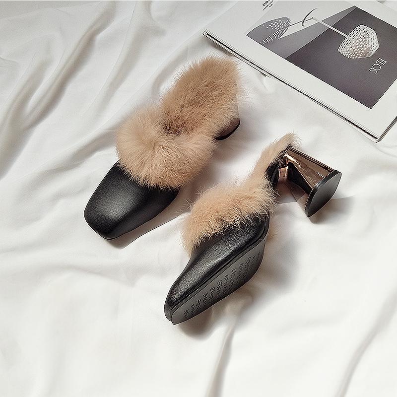 Fashion Autumn Winter Retro Square Toe Mules Women Warm Plush Fur Slippers Metal Thick Heel Slip On Flip Flops Comfort Furry Hair Slides